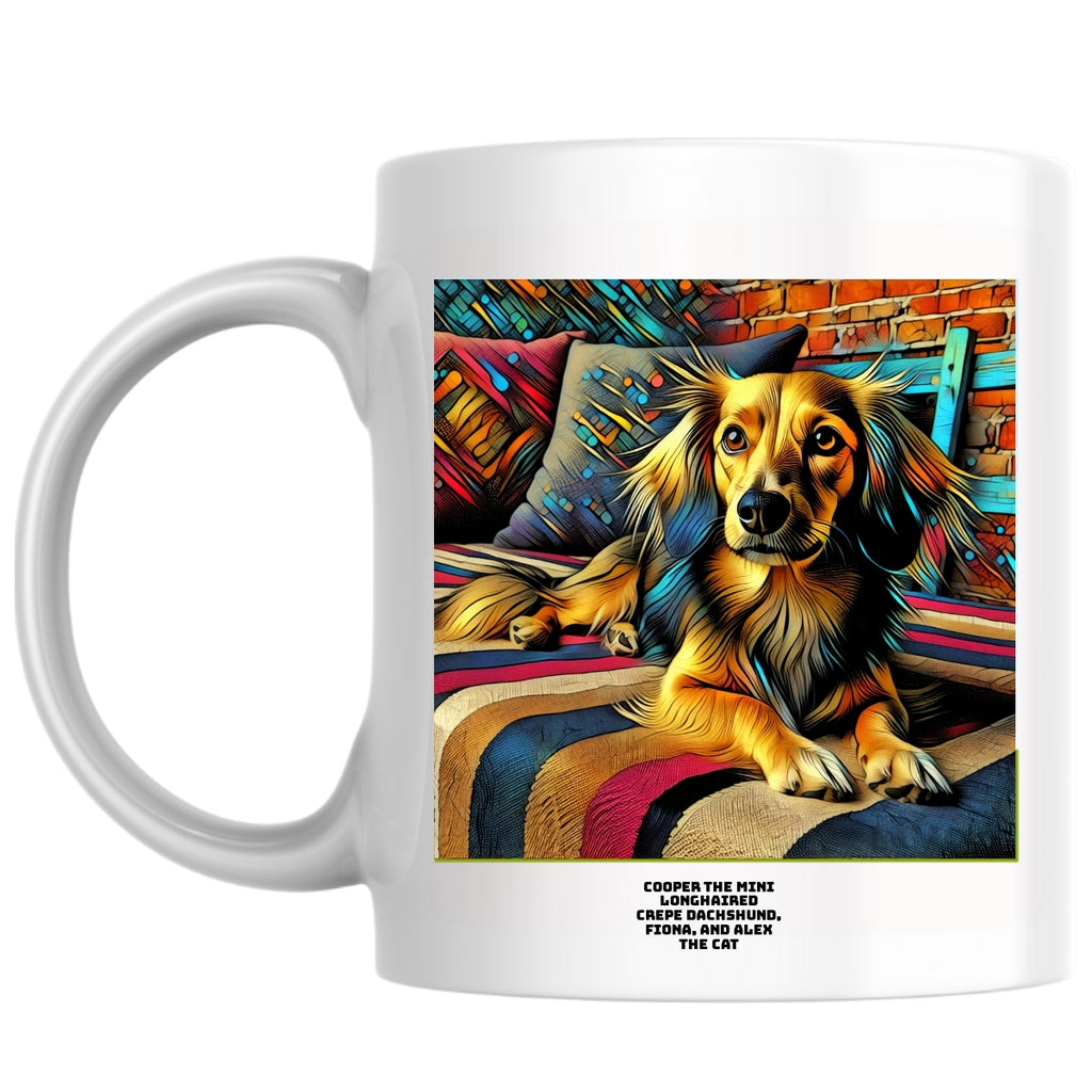 Cooper the mini longhaired crepe dachshund, Fiona, and Alex the cat the Magnificent: Pop Art Coffee Mug