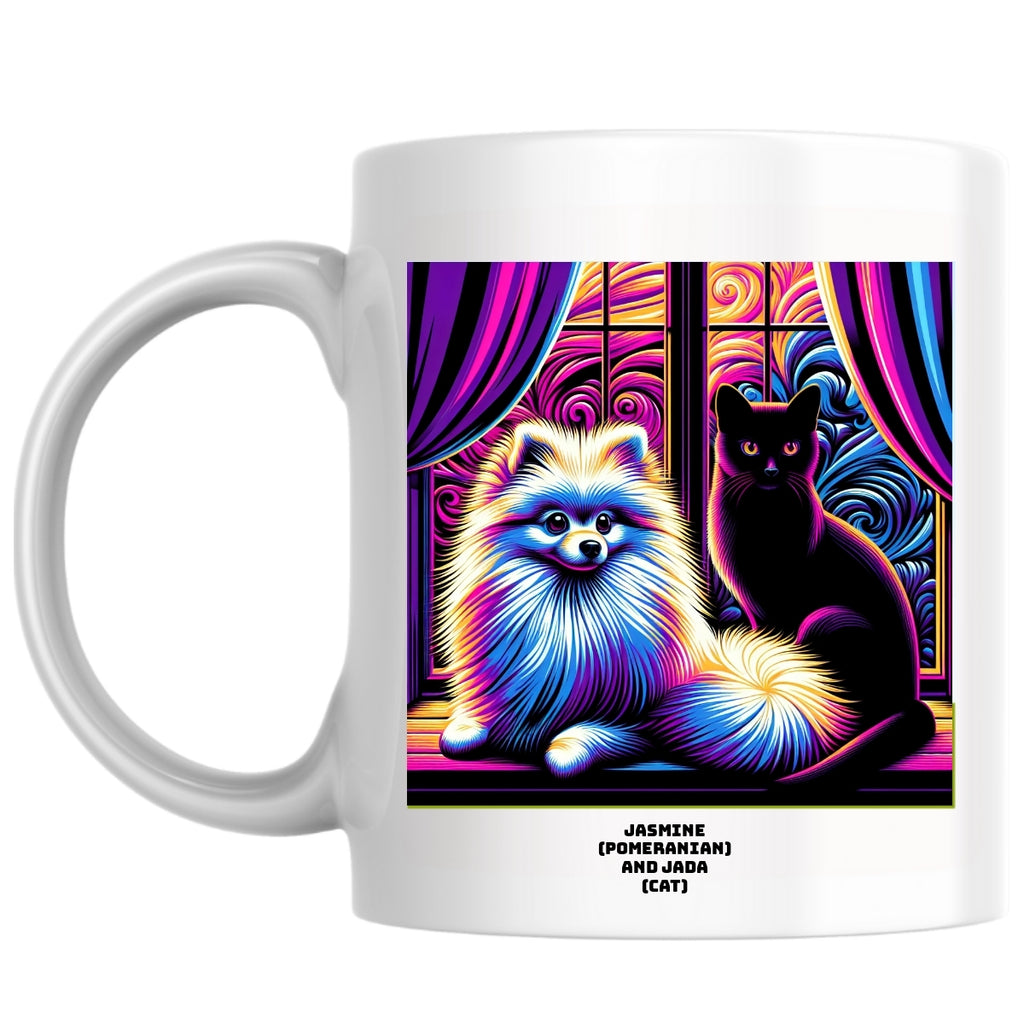 Jasmine (pomeranian) and Jada (cat) the Magnificent: Pop Art Coffee Mug