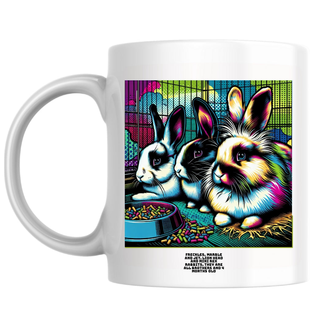 Freckles, Marble and Jet, Lion Head and Mini Rex rabbits, they are all brothers and 4 months old the Magnificent: Pop Art Coffee Mug