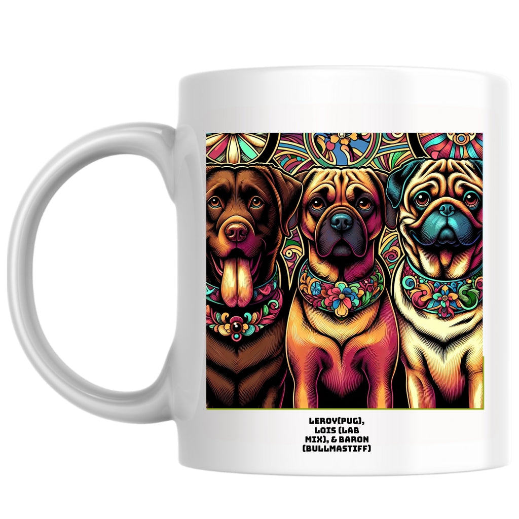 Leroy(Pug), Lois (Lab mix), & Baron (Bullmastiff) the Magnificent: Pop Art Coffee Mug