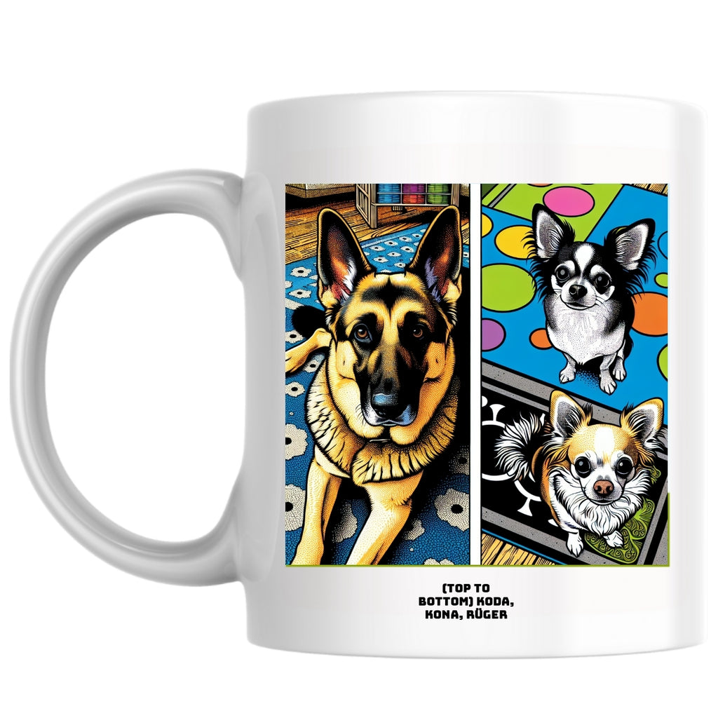 (Top to bottom) Koda, Kona, Rüger the Magnificent: Pop Art Coffee Mug