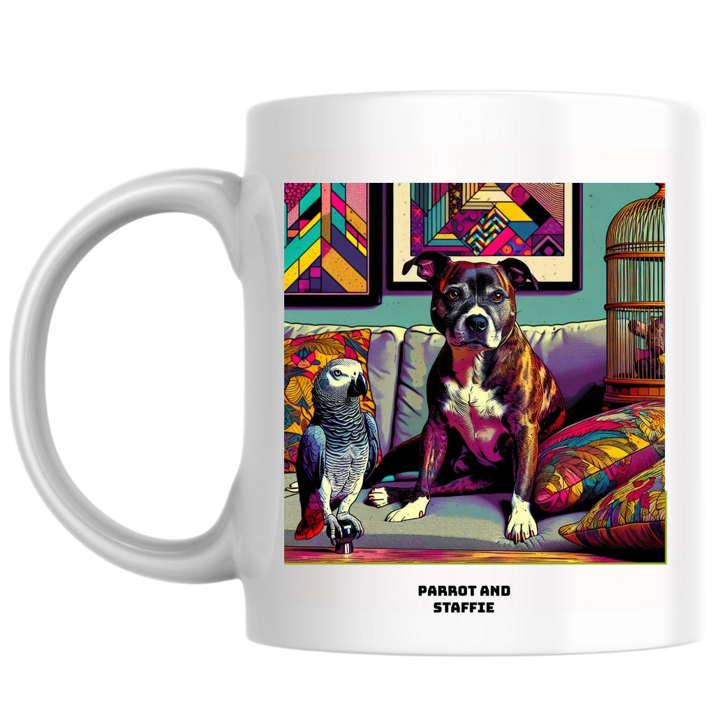Parrot and staffie the Magnificent: Pop Art Coffee Mug