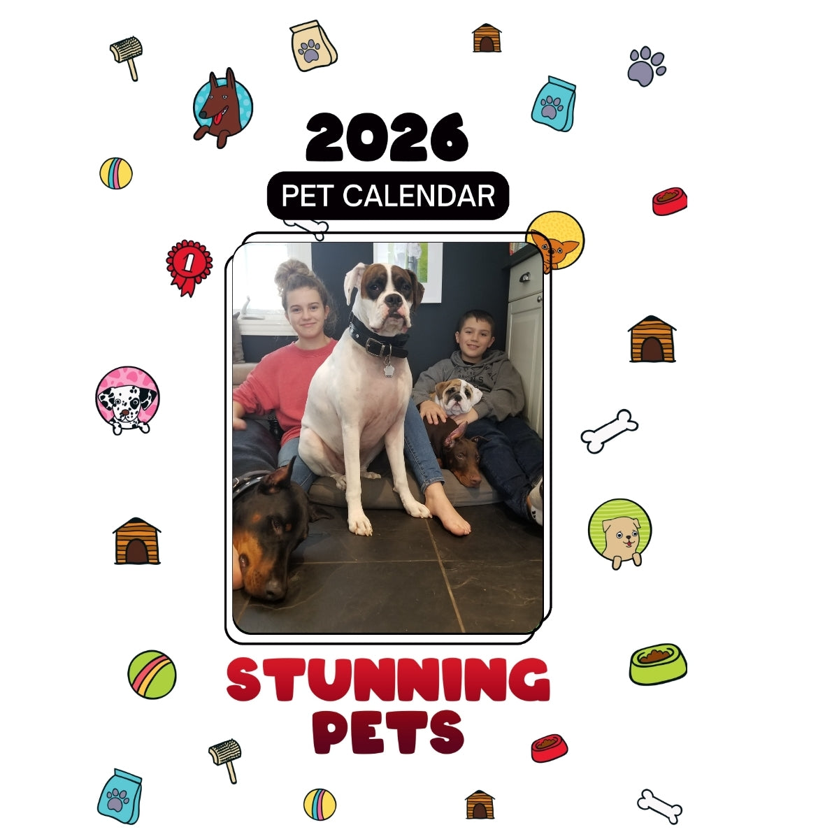 Hamilton (bulldog), Ginger (boxer) hemi (brown dobe) charger (bLck dobe) Headlines Stunning Pets: A 2026 Pet Calendar