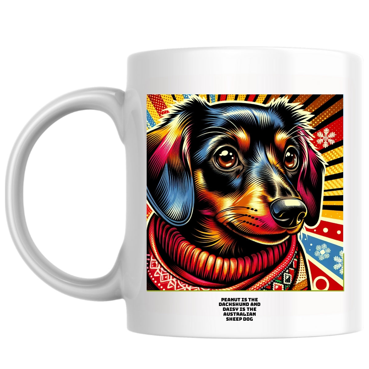 Peanut is the dachshund and Daisy is the Australian Sheep dog the Magnificent: Pop Art Coffee Mug