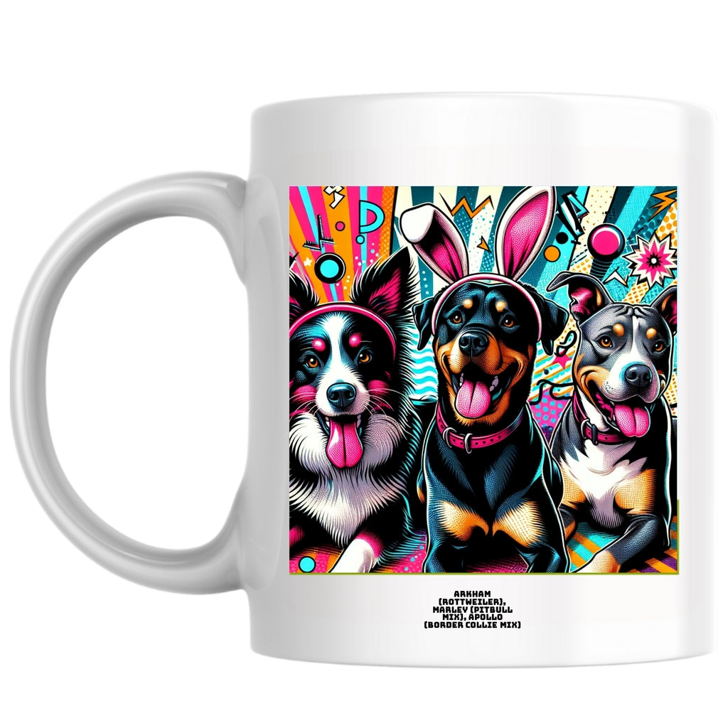 Arkham (Rottweiler), Marley (Pitbull mix), Apollo (border collie mix) the Magnificent: Pop Art Coffee Mug