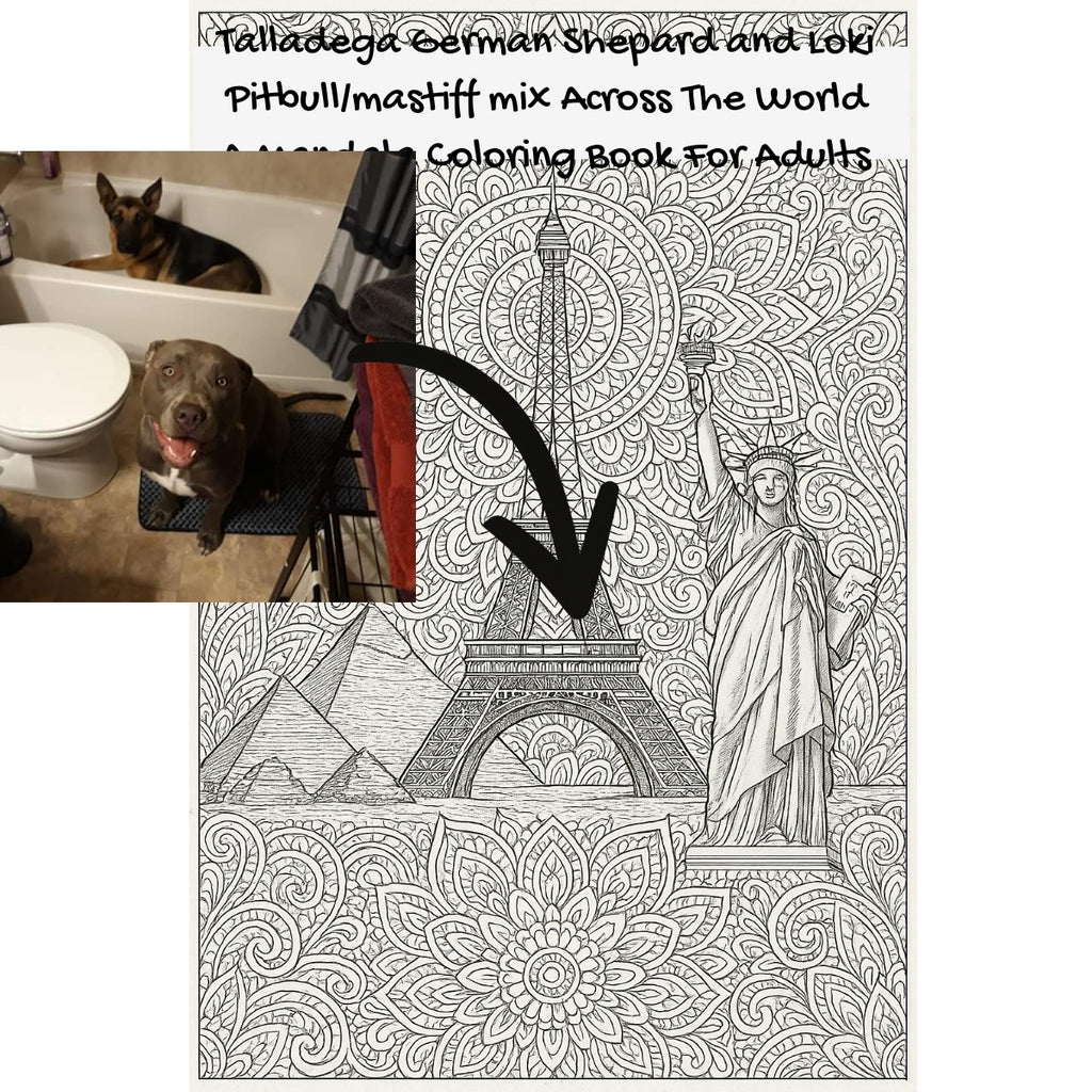 Talladega German Shepard and Loki Pitbull/mastiff mix Across The World: A Mandala Coloring Book For Adults