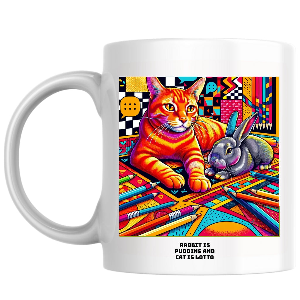 Rabbit is Puddins and cat is Lotto the Magnificent: Pop Art Coffee Mug