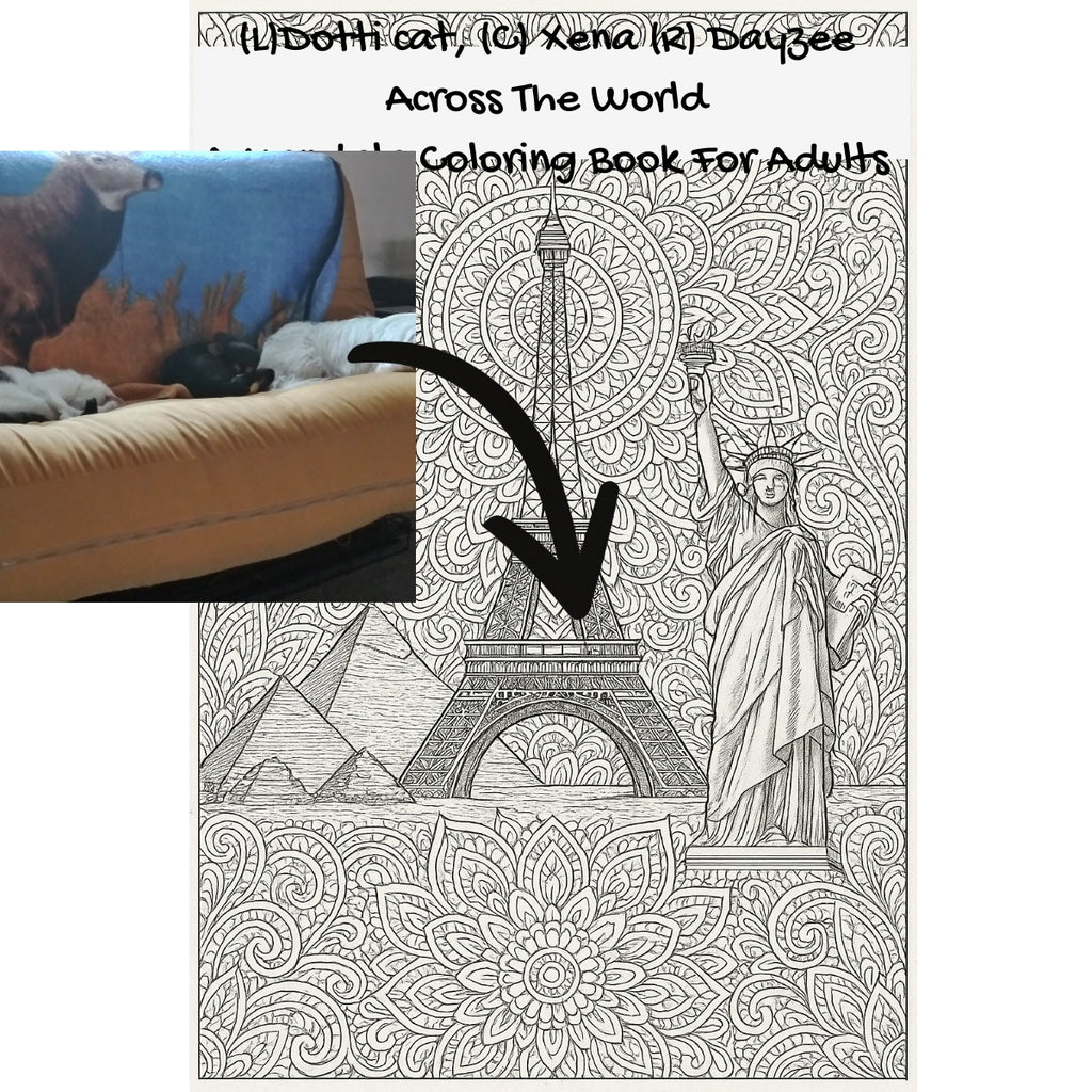 (L)Dotti cat,  (C) Xena (R) Dayzee Across The World: A Mandala Coloring Book For Adults