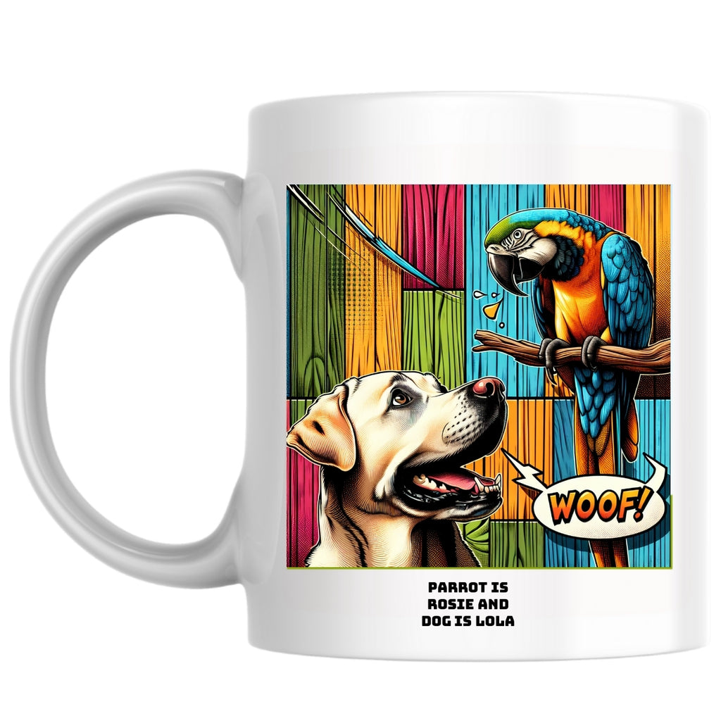 Parrot is Rosie and dog is Lola the Magnificent: Pop Art Coffee Mug