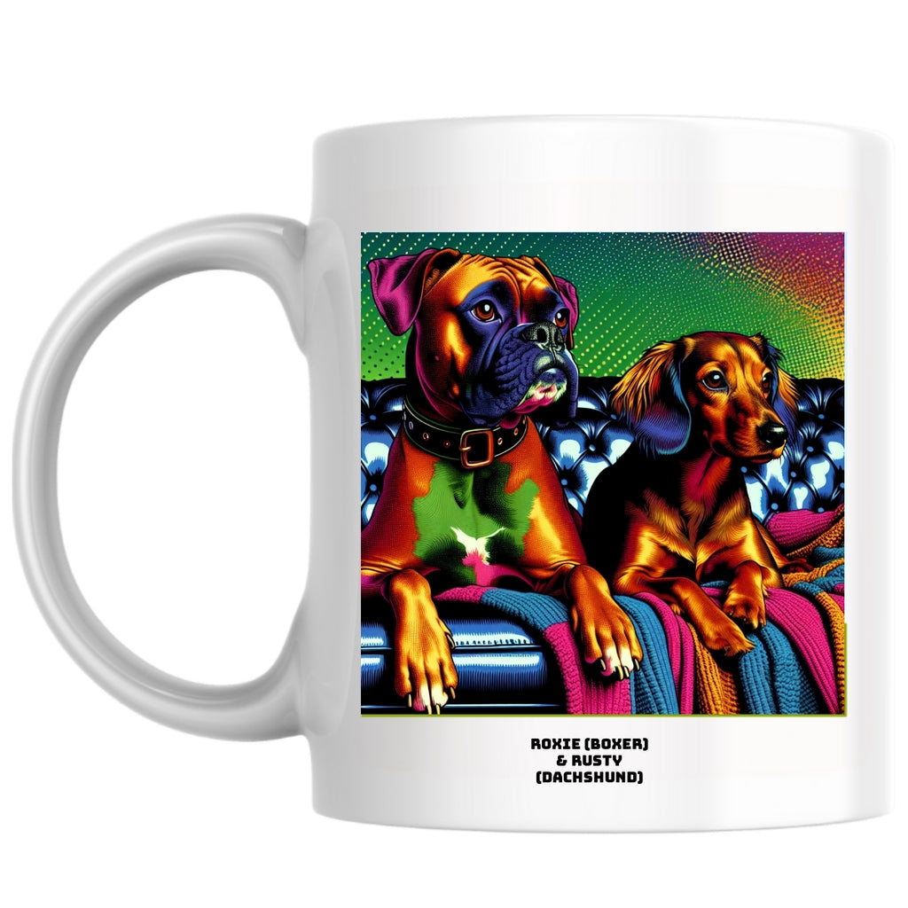 Roxie (Boxer)  & Rusty (Dachshund) the Magnificent: Pop Art Coffee Mug