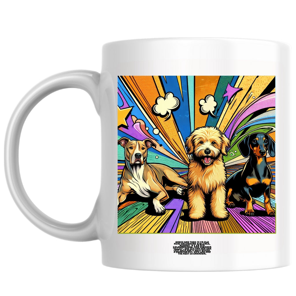 Annie and Theo (4 yr old mini dachshund siblings, Murphy, a 3 yr old goldendoodle, and Eleanor “Ellie”, she is 5 and her dna test said she’s half boxer, a quarter pit, 20% lab and the rest is unknown. the Magnificent: Pop Art Coffee Mug