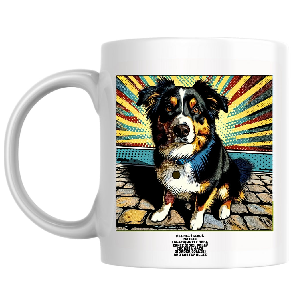 Hei Hei (bird), Maisie (black/white dog), Ernie (dog), Polly (horse), Jack (border collie) and lastly Ollie the Magnificent: Pop Art Coffee Mug