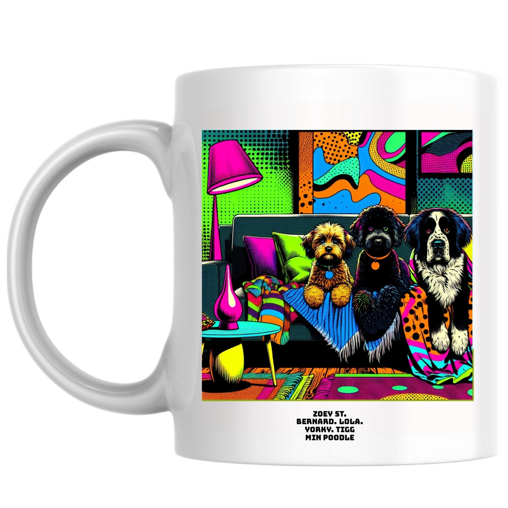 Zoey St. Bernard.  Lola. Yorky.    Tigg min poodle the Magnificent: Pop Art Coffee Mug