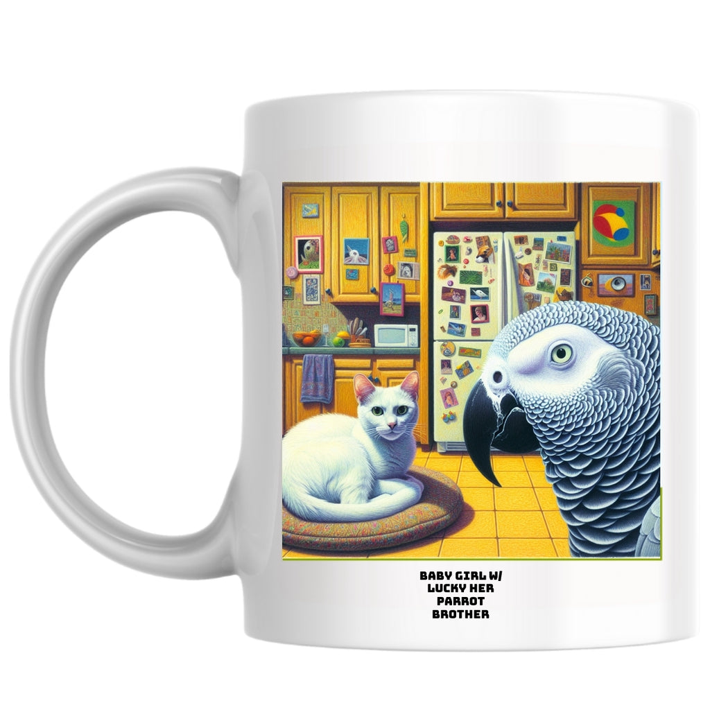 Baby girl w/ Lucky her parrot brother the Magnificent: Pop Art Coffee Mug