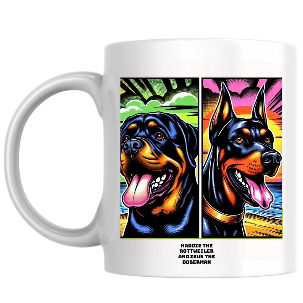 Maddie the Rottweiler and Zeus the Doberman the Magnificent: Pop Art Coffee Mug