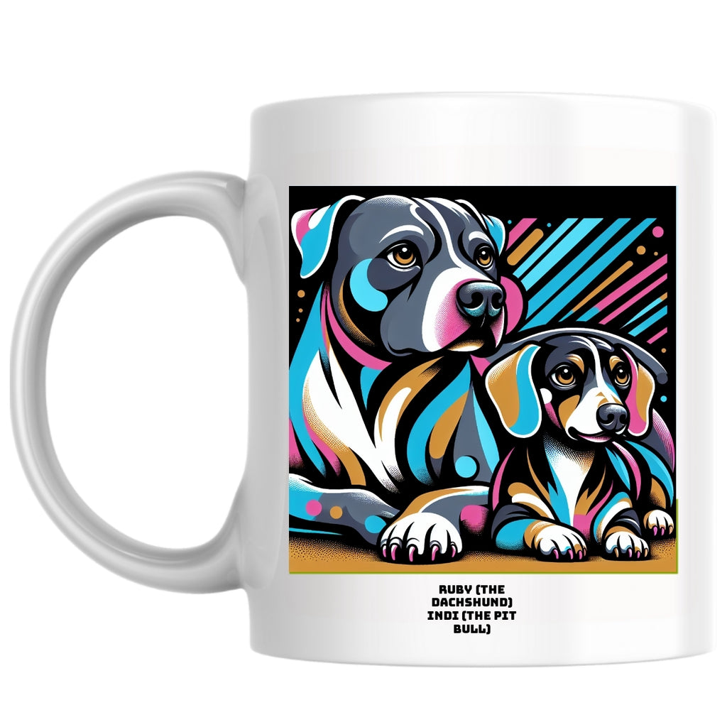 Ruby (the dachshund) Indi (the pit Bull) the Magnificent: Pop Art Coffee Mug