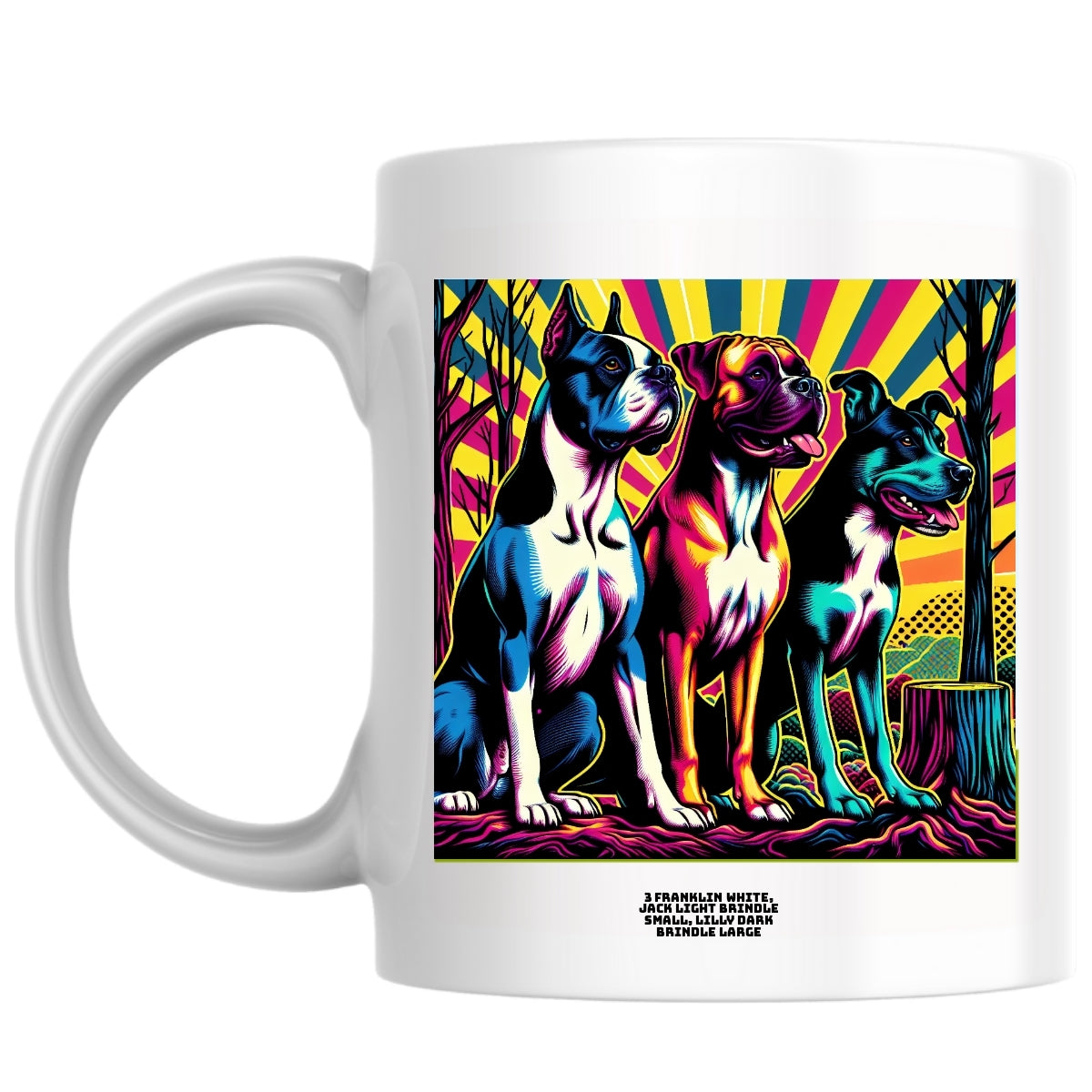 3 franklin white, jack light brindle small, lilly dark brindle large the Magnificent: Pop Art Coffee Mug