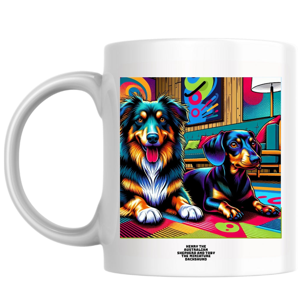 Henry the Australian Shepherd and Toby the miniature Dachshund the Magnificent: Pop Art Coffee Mug
