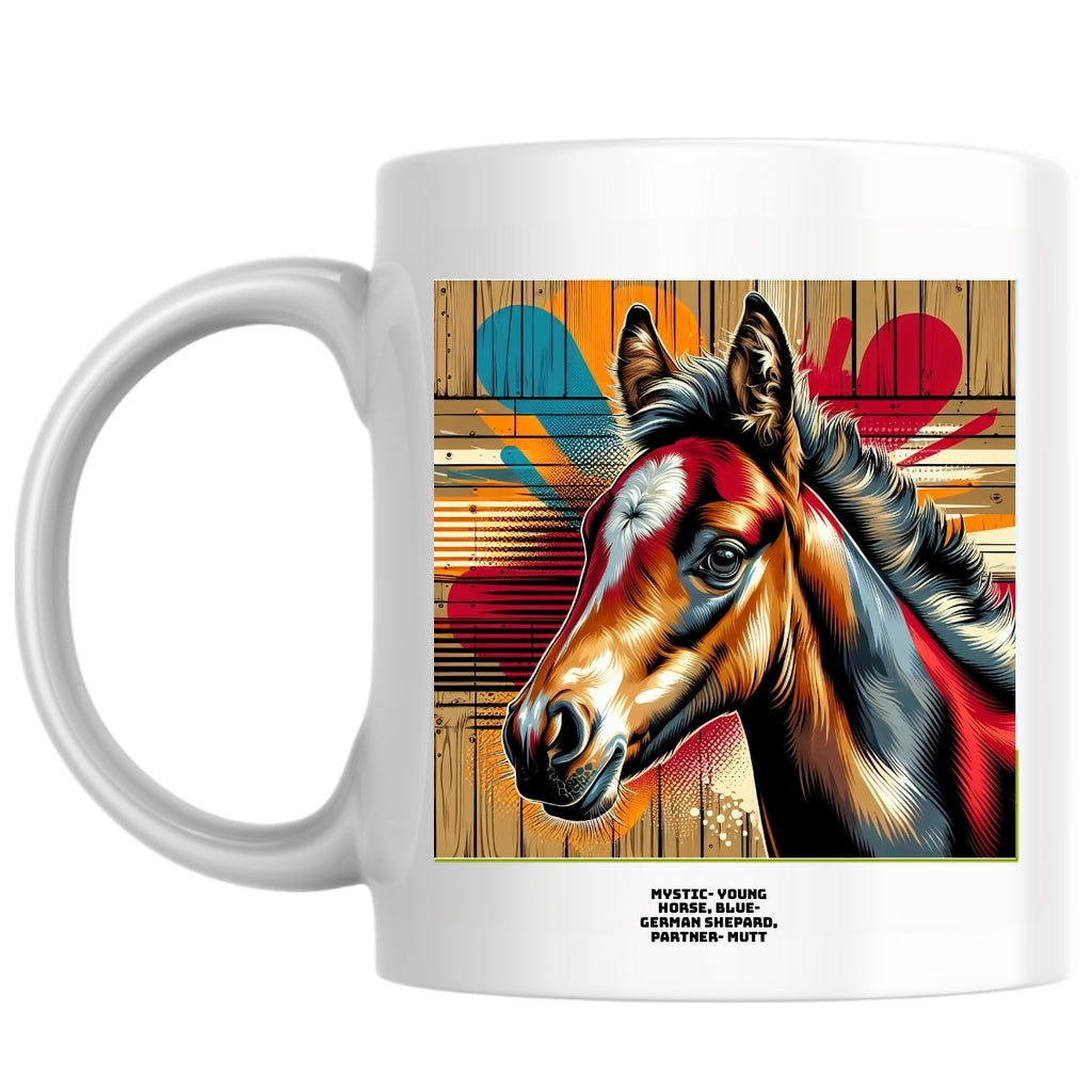 Mystic- young horse, Blue- german Shepard, Partner- mutt the Magnificent: Pop Art Coffee Mug