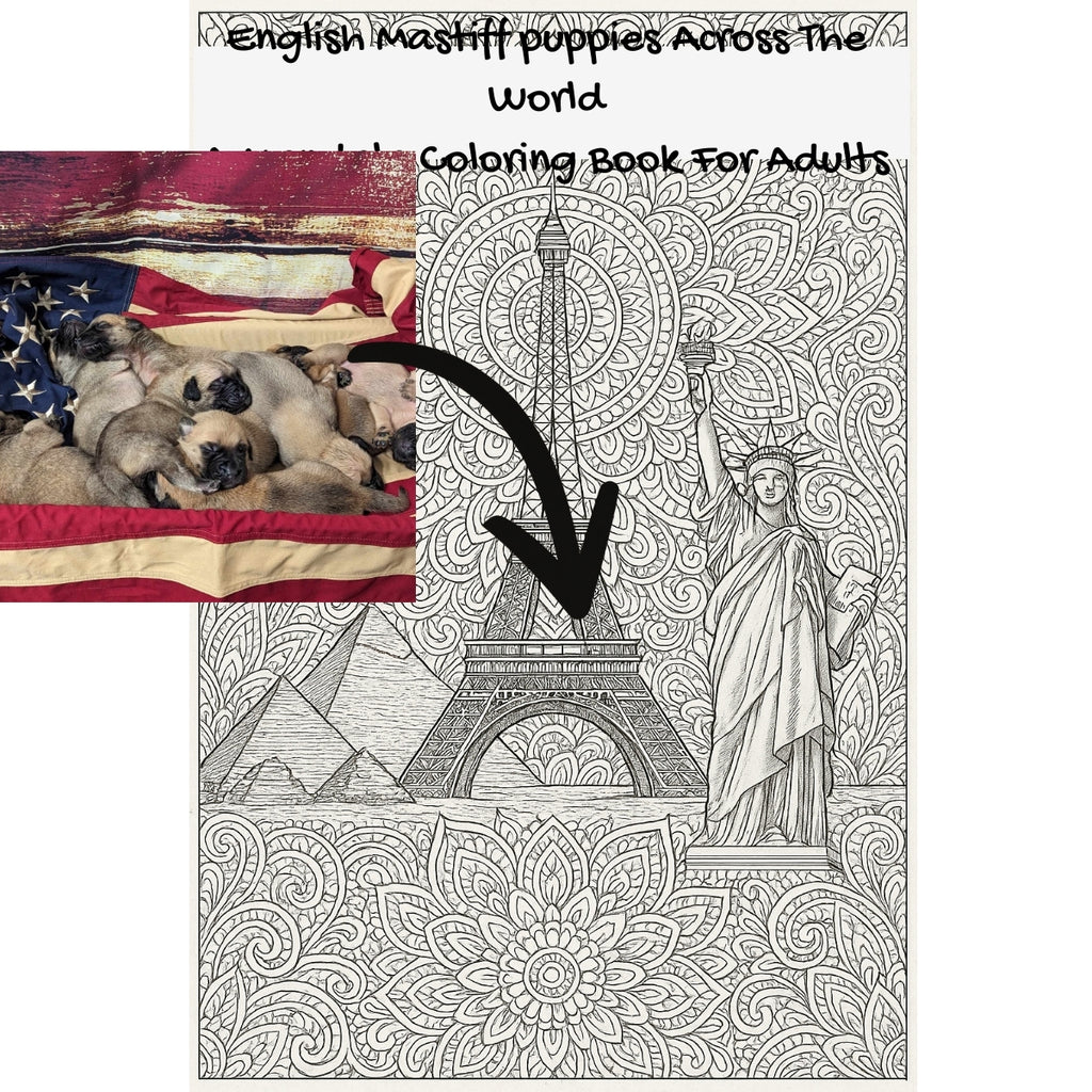 English Mastiff puppies Across The World: A Mandala Coloring Book For Adults
