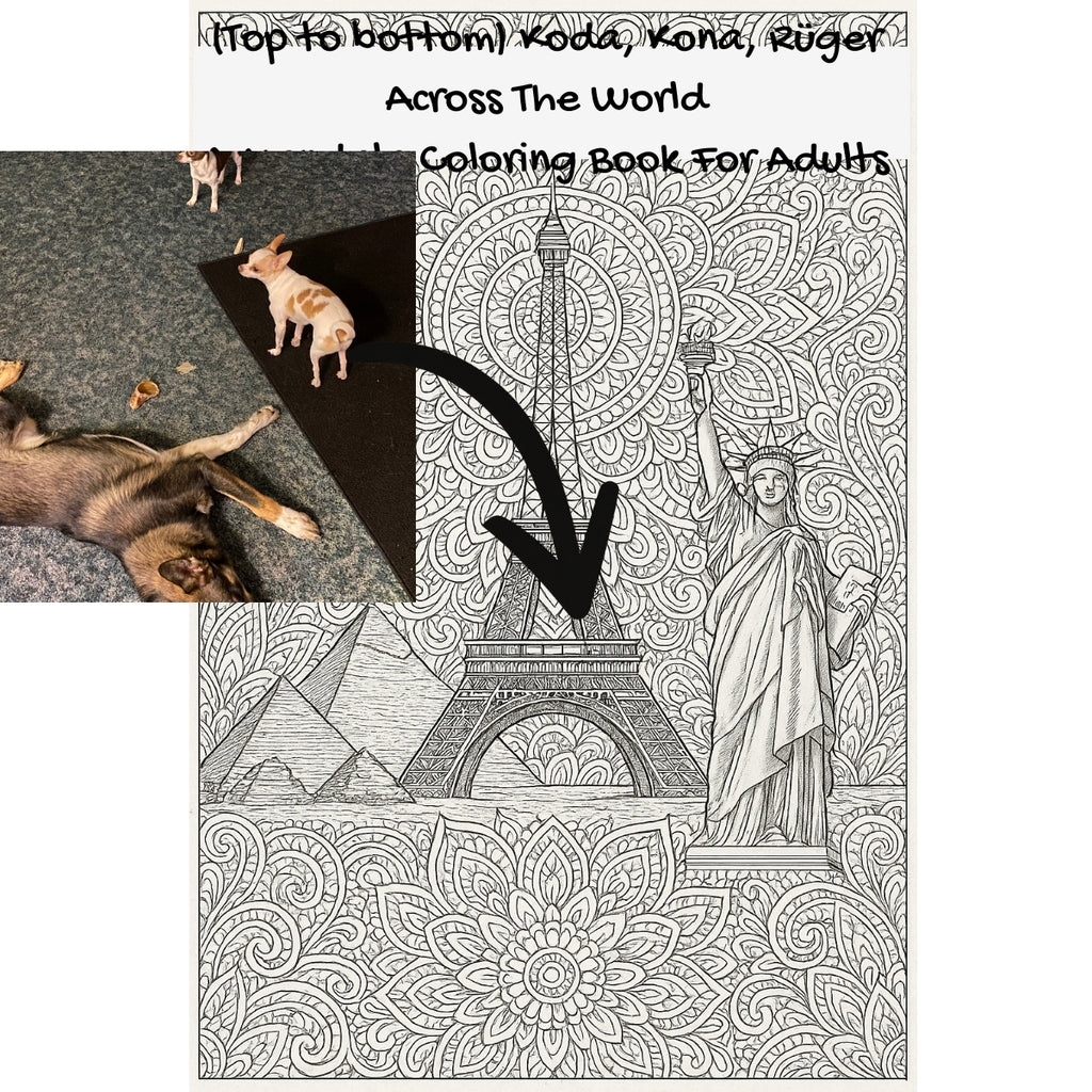 (Top to bottom) Koda, Kona, Rüger Across The World: A Mandala Coloring Book For Adults